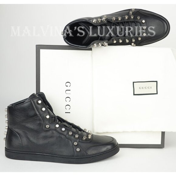 GUCCI SNEAKERS BLACK LEATHER HIGH TOP STUDDED SHOES sz 9.5G / converts to US 10 - Picture 2 of 12